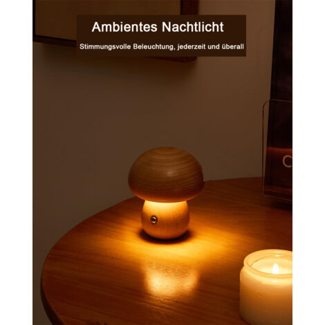 Lampe Champignon LED en Bois de Hêtre, Veilleuse Tactile Rechargeable Petit Format Modèle D