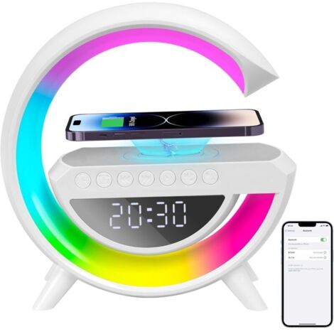 Lampe charge sans fil RVB, station induction, haut-parleur Bluetooth, réveil numérique