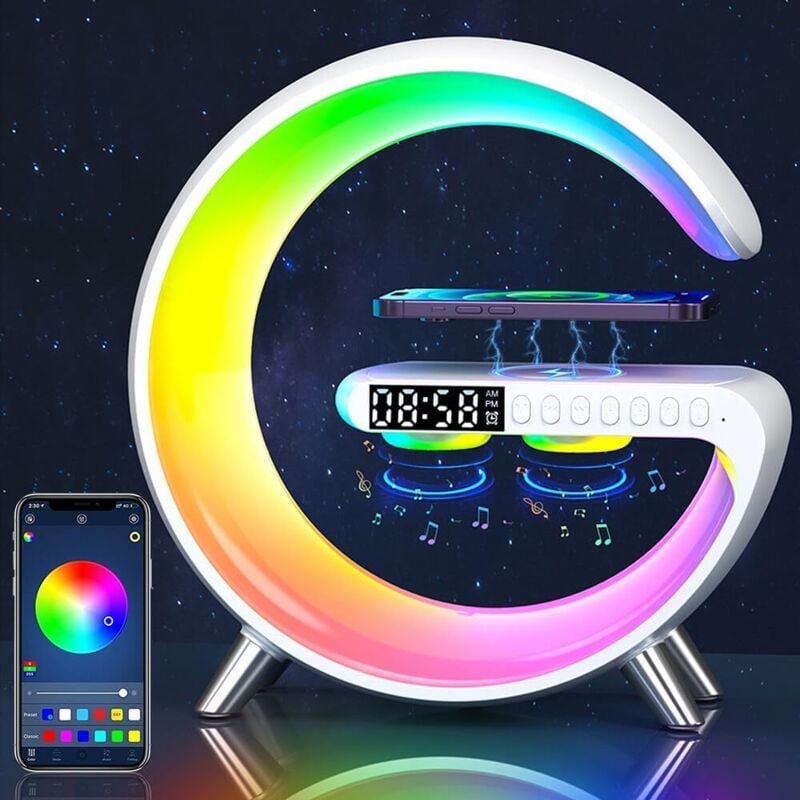 Lampe Chargeur Induction, Contrôle par Application Enceinte Bluetooth Lumineuse, Avec Reveil Chargeur Induction, Veilleuse à Intensité Variable Avec