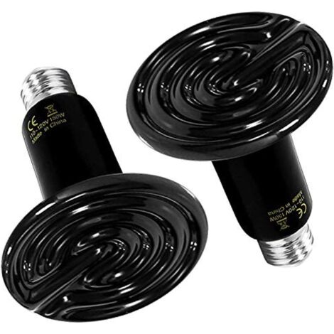 Lampe chauffante céramique 150 W pour reptiles, sans émission de lumière, idéale pour les éclosoirs d'amphibiens et l'incubation de poussins (lot de 2), noire.
