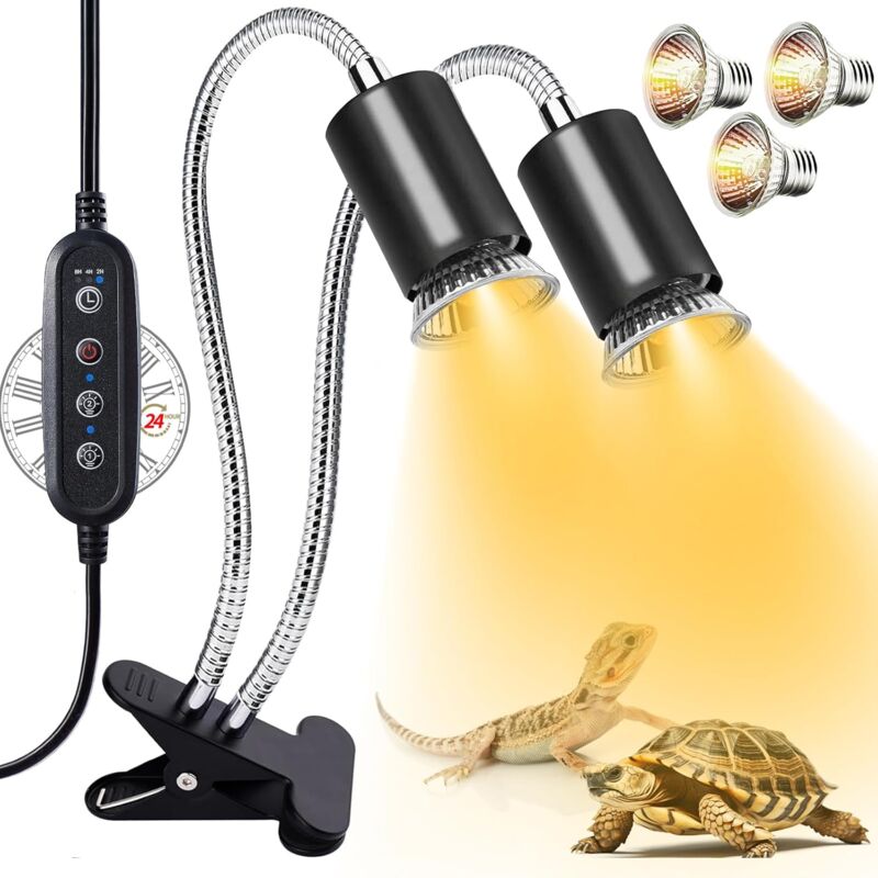 Lampe chauffante pour reptiles, lampe chauffante à double tête pour reptiles, lampe uva/b pour tortues avec pince, contrôle séparé, lumière pour