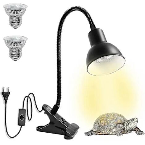 Lampe chauffante pour tortues, idéale pour les terrariums à reptiles. Équipée de 2 lampes UVA et UVB, elle possède une pince de fixation rotative à 360° pour tortues et serpents.