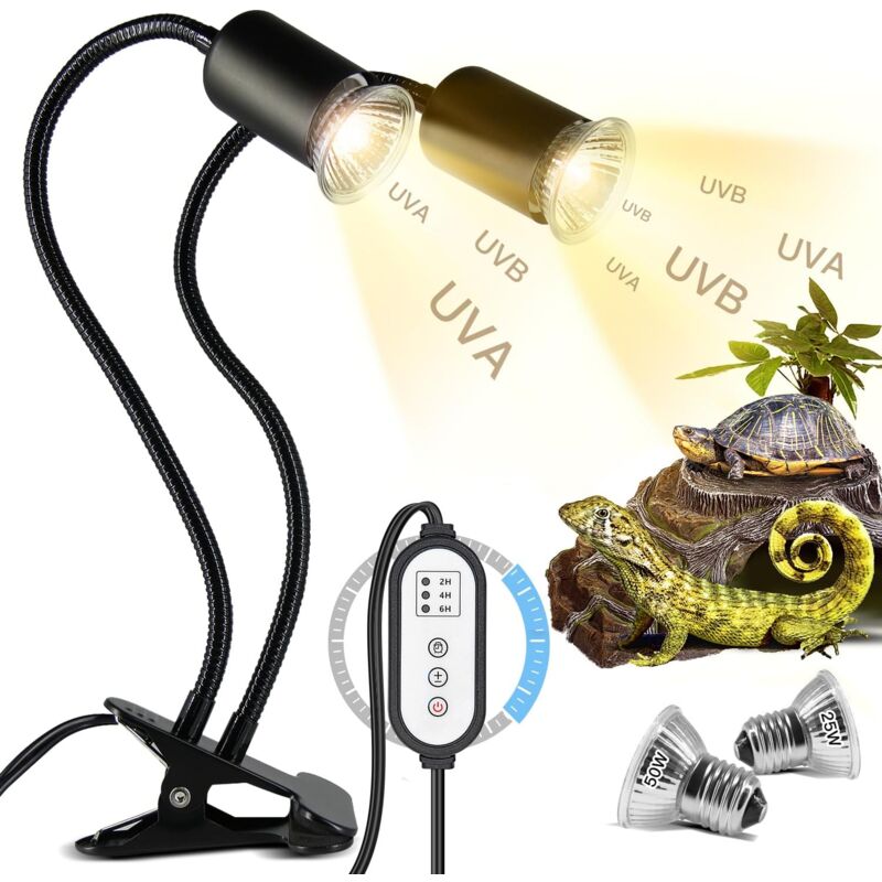 Lampe Chauffante Tortue à Deux Têtes, 25W+50W Reptiles Lampe Tortue Terrestre E27 UVA+UVB Lampe Tortue Terrestre avec 2 Ampoule Basking Spot et