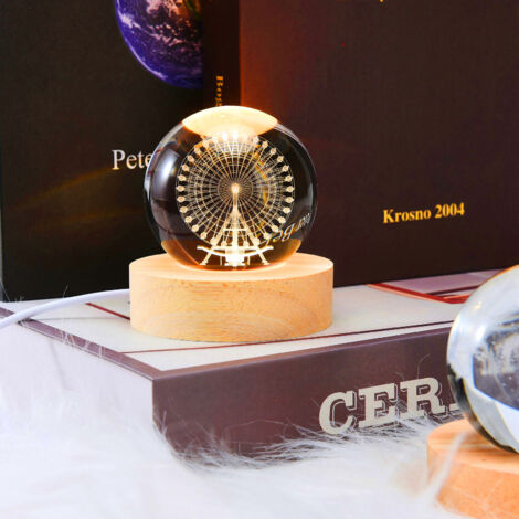 Lampe d’Ambiance Cristal Illuminé  Base Bois  Sculpture 3D Lune & Galaxie  Éclairage LED USB  Diamètre 6 cm  Lumière Douce 3000K