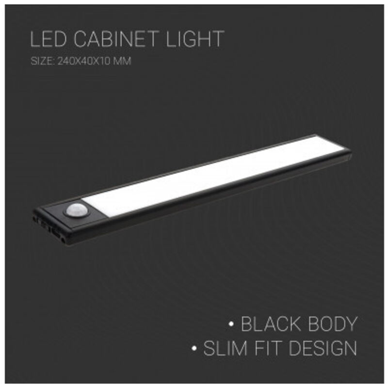 Lampe d'armoire à led Slim Fit Corps noir Capteur pir - 1,5W - 100lm - 3000K Blanc Chaud - 240x40x10mm
