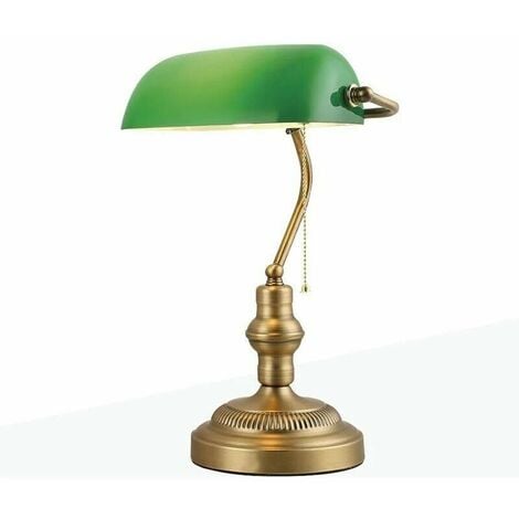 Lampe de banquier classique, lampe de table rétro en métal en laiton poli,  abat-jour en verre vert, douille E27, lampe de table pour bureau et table  de travail, ampoule(s) non incluse(s) 