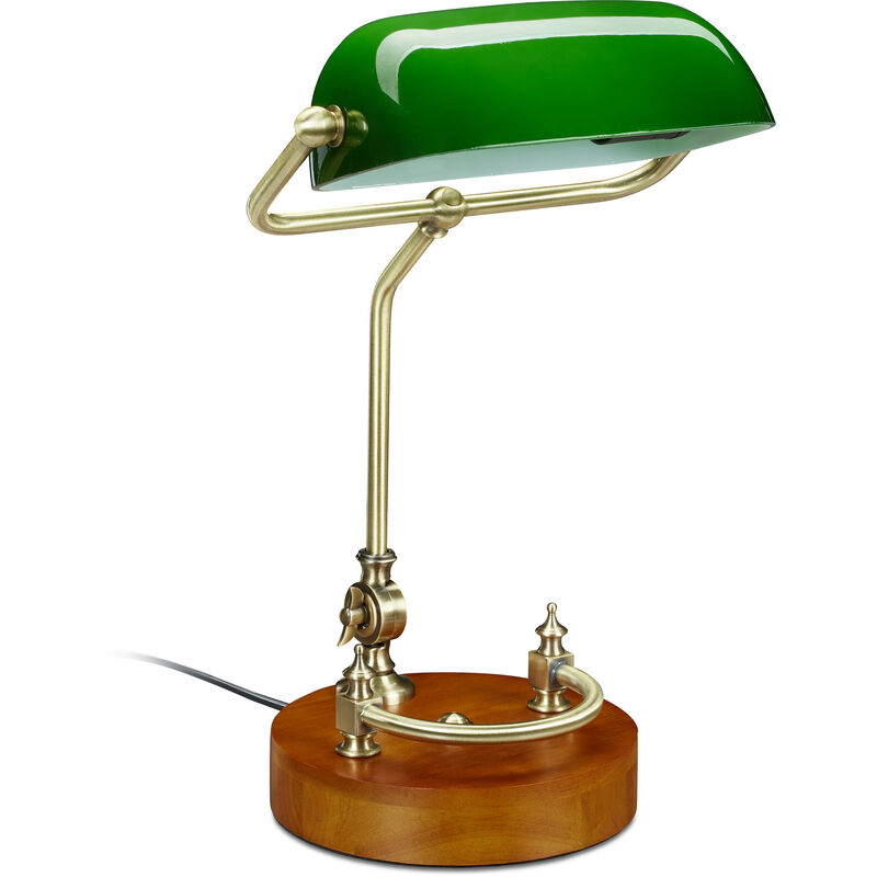 Lampe de banquier, avec abat-jour en verre inclinable, socle en bois, bureau, rétro, E27, bibliothèque, vert