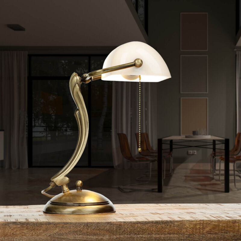 Lampe de bureau en laiton massif de couleur bronze clair en style Art Nouveau avec abat-jour blanc H:35 cm - Bronze clair brillant, Blanc