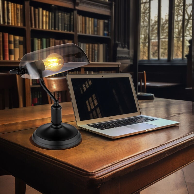 Globo - Lampe de bureau lampe de banquier lampe de table lampe de lecture en verre fumé noir, 1x E27, LxH 25x32 cm