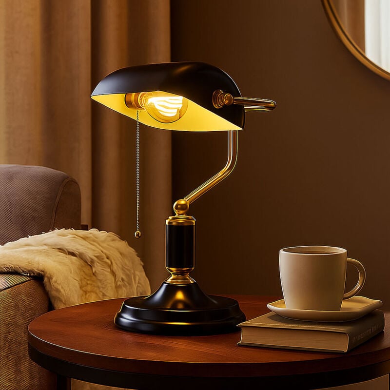 Globo Lighting - Lampe de banquier lampe de table lampe de lecture noire lampe de bureau dorée lampe de salon, métal, 1x E27, LxlxH 26,5x18x 34 cm