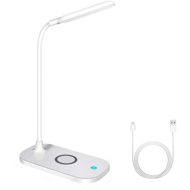 Jusch - Lampe de bureau, 10 w, 3 modes, Qi, chargeur sans fil, commande tactile, bras réglable, usb, blanc