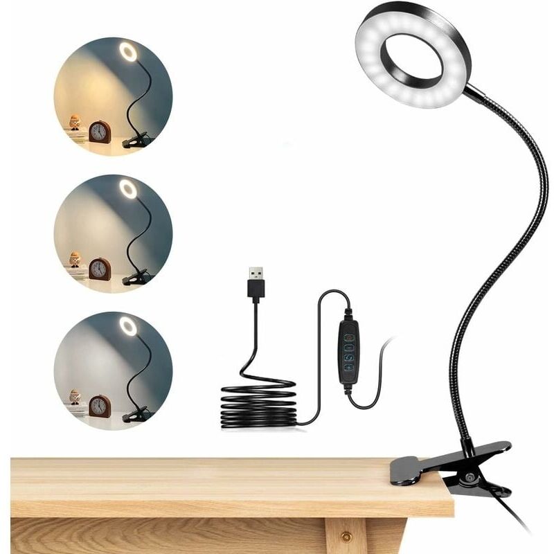 Lampe de bureau à clipser 7W 48 LED Lampe de lecture à clipser flexible à 360 ° 3 modes d'éclairage Lampe de bureau à LED USB pour étudier et