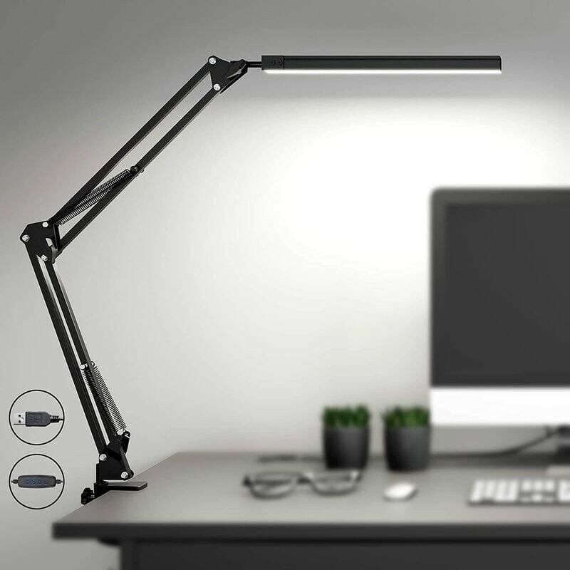 Lampe de bureau à LED avec pince,lampe de lecture oculaire à intensité variable,lampe à bras pivotant à 3 modes de couleurs,lampe de table à pince