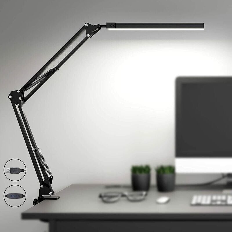 KZQ - Lampe de Bureau led Puissante avec clip - Protection des yeux Lampe led - 3 modes d'éclairage x 10 niveaux de luminosité - Noir [Classe