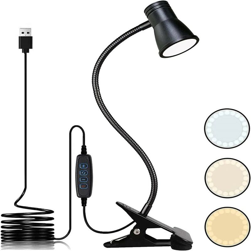 Kinsi - Lampe de Bureau à Pince- 3 Modes/10 Luminosité, usb, 360° (Noir)