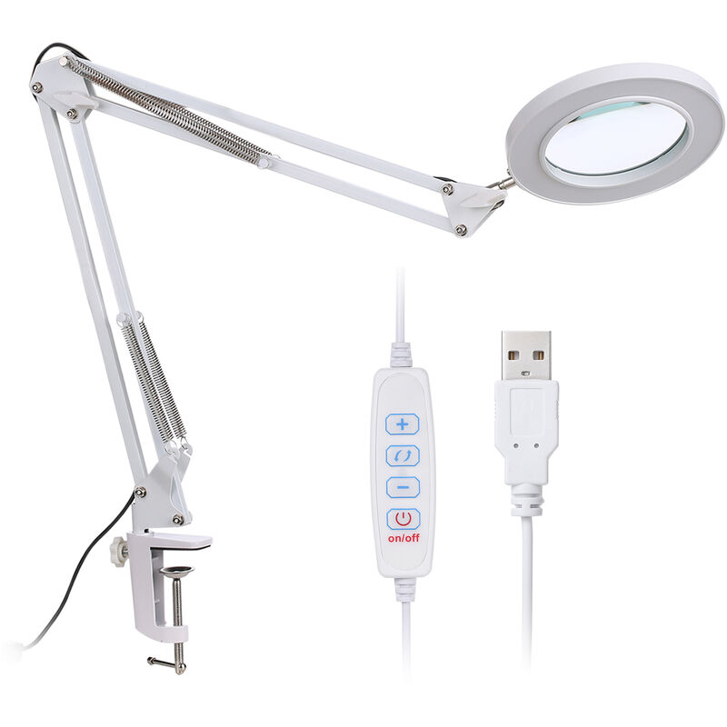 Lampe de bureau usb, avec pince de serrage, lumière grossissante 8X, intensité variable sur 10 niveaux avec support flexible pliable, Blanc