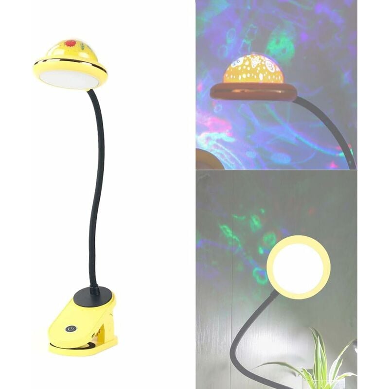 Lampe de bureau à pince pour enfants, lampe de bureau à étoile jaune, lampe de lecture LED à pince rechargeable par USB avec projection d'étoiles,
