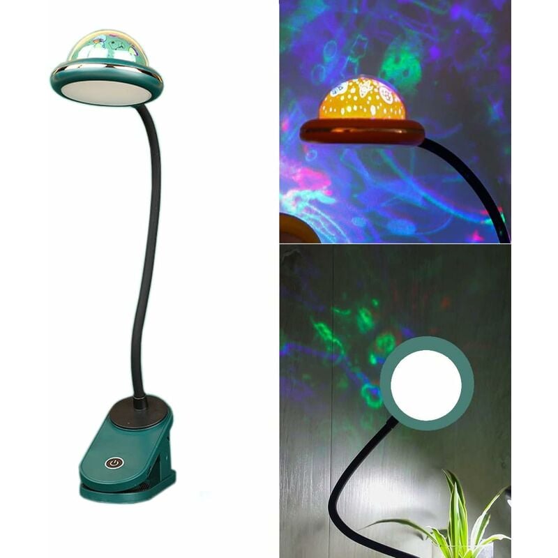 Csparkv - Lampe de bureau à pince pour enfants, lampe de bureau étoile verte, lampe de lecture led à pince rechargeable par usb avec projection