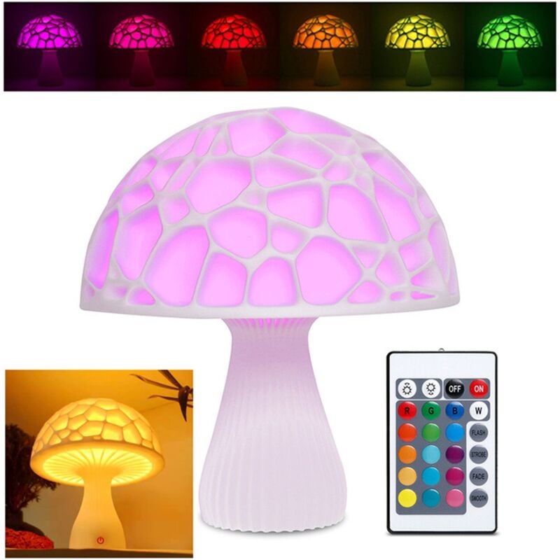 Lampe de bureau champignon 3D 15 cm avec télécommande, lampe de chevet 16 couleurs, veilleuse led Lampe de table champignon particulière