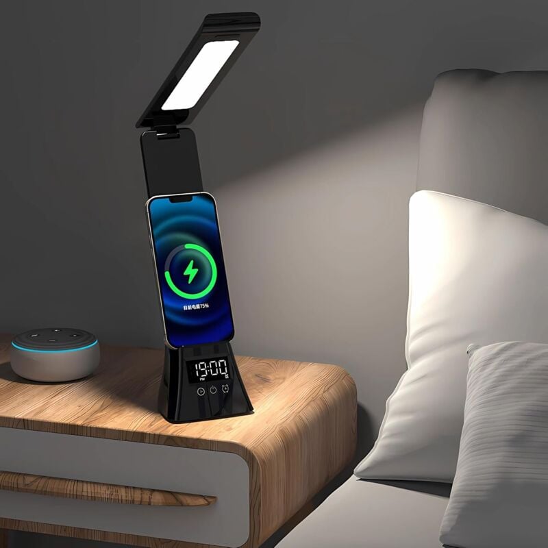 Sjqka - Lampe de bureau chargeur sans fil induction pour le chargement sans fil des télephones portables avecfonction minuterie pliable(noir)