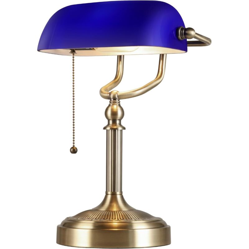 Lampe de bureau de banquiers en verre bleu, avec interrupteur à chaîne, luminaire enfichable pour la maison, le bureau et la bibliothèque