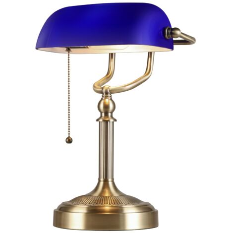 Lampe de bureau de banquiers en verre bleu, avec interrupteur à chaîne, luminaire enfichable pour la maison, le bureau et la bibliothèque