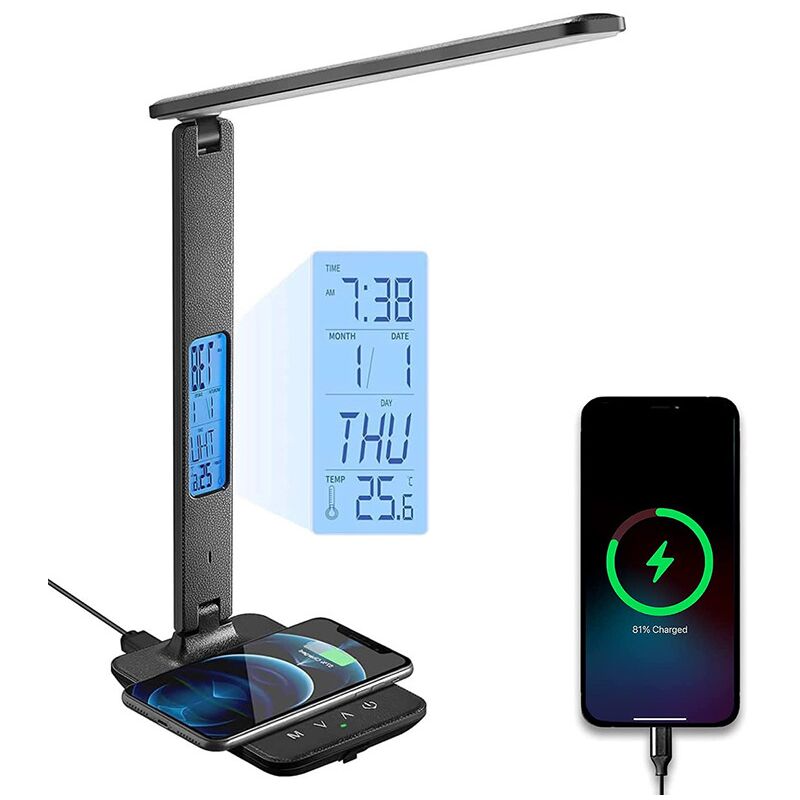 Lampe de bureau de charge sans fil 10w pliante avec port de charge USB, lampe de bureau avec horloge, réveil, date, température, lampe de bureau noire