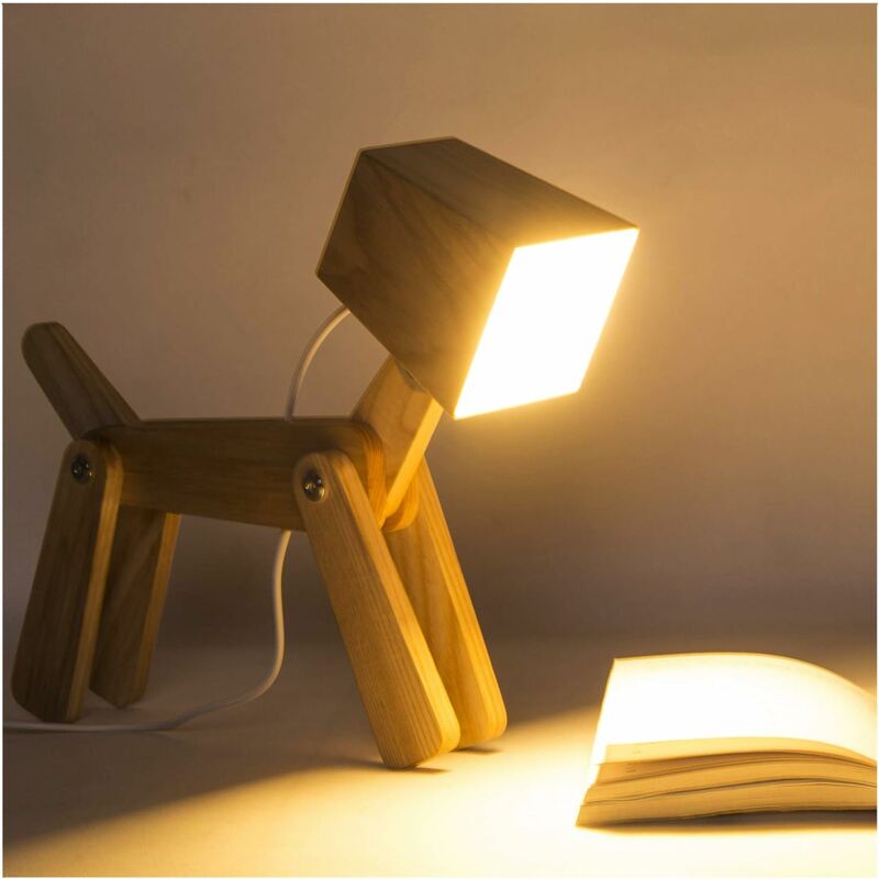Lampe de bureau en bois de design moderne en forme de chien - Intensité d'éclairage réglable tactile - Éclairage LED 12 V - Idéale pour chambre