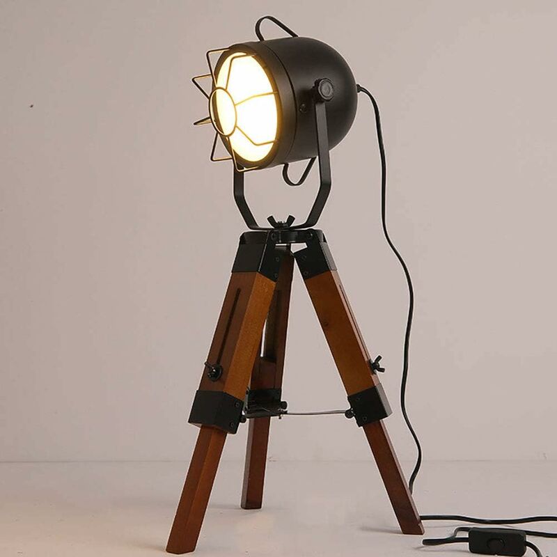 Lampe de bureau en bois à trois pieds - Rétro - Lampe de bureau industrielle - Lampe sur pied - Décoration créative - Éclairage E27