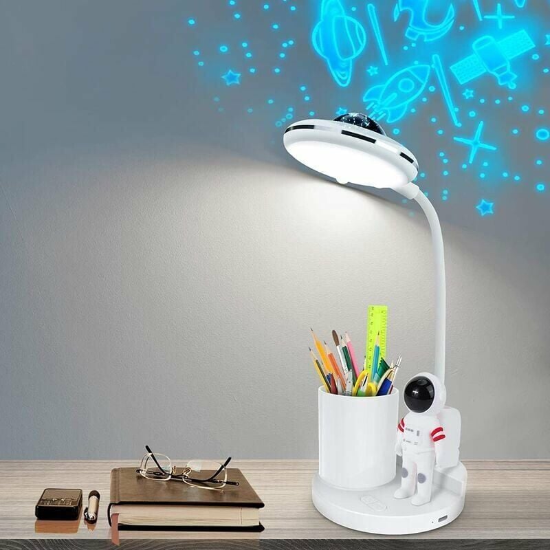 Lampe de Bureau Enfant, Lampe de Table Sans Fil Dimmable, Lampe de Bureau Rechargeable avec Projection et Porte-stylo, Lampe de Lecture led - Jalleria