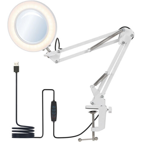 Lampe de bureau flexible à pince, avec loupe 8x Lampe de bureau LED orientable à gradation avec 3 modes de couleurs et 10 niveaux de luminosité