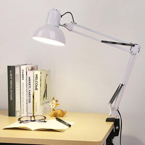 Lampe de Bureau Industrielle Blanche Métal Articulée Pince E27 Vintage Chevet