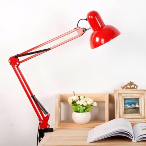 Lampe de Bureau Industrielle Rouge Métal Articulée Pince E27 Vintage Chevet