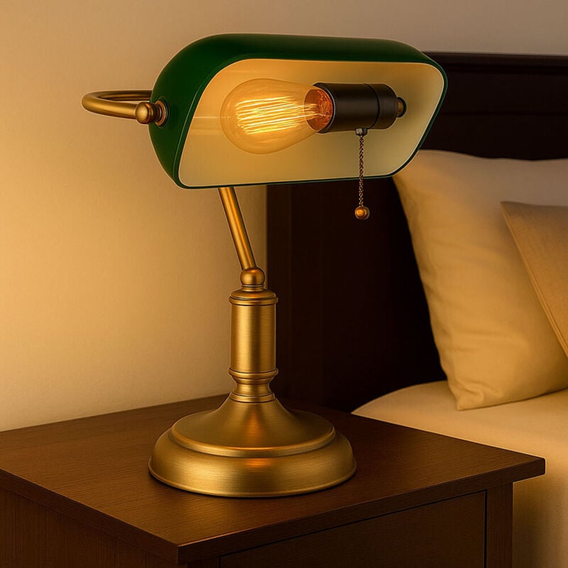 Globo - Lampe de bureau Lampe de table laiton ancien Verre vert Lampe de lecture, abat-jour orientable, interrupteur à tirette, 1x douille E27, LxH