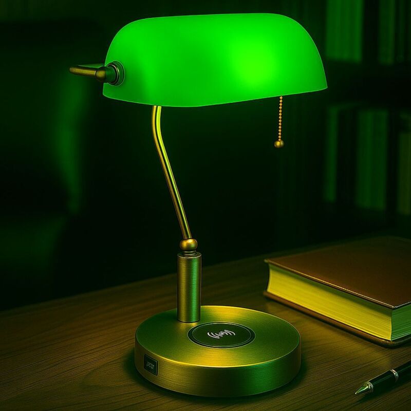 Globo - Lampe de bureau lampe de banquier lampe de table vieux laiton verre vert, chargement sans fil port usb, interrupteur à tirette, télécommande,