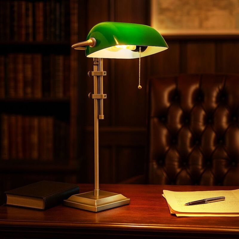 Lampe de bureau led Lampe de table laiton vieilli Verre vert Lampe de lecture réglable en hauteur, interrupteur à tirette, 1x E27 led blanc chaud,