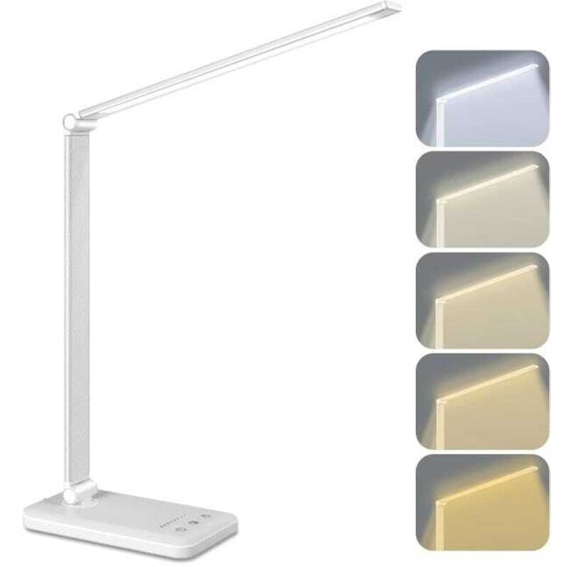 Lampe de bureau, lampe de bureau LED rechargeable, 5 températures de couleur et 5 niveaux de luminosité réglables, lampe de lecture 5W, blanc
