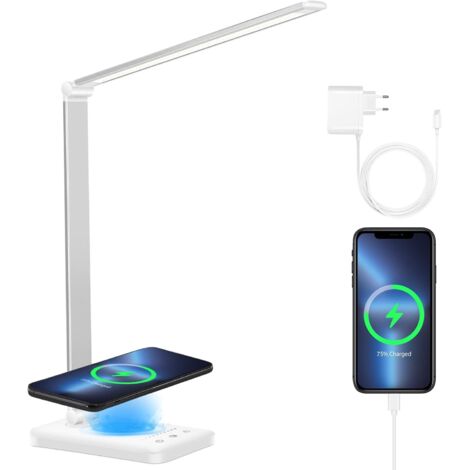 Lampe De Bureau LED - 10 Niveaux De Luminosité - 5 Températures De Couleur - Charge Sans Fil Qi Et Port USB - Réglage Flexible 225° - Fonction Mémoire - Pour Bureau Et Chevet