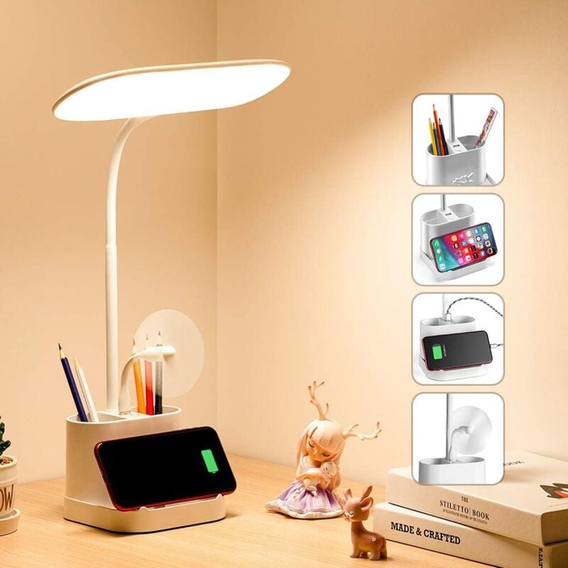 Shyf - Lampe de bureau led 3 couleurs Dimmable sans fil tactile lampe de lecture usb porte-stylo rechargeable bureau