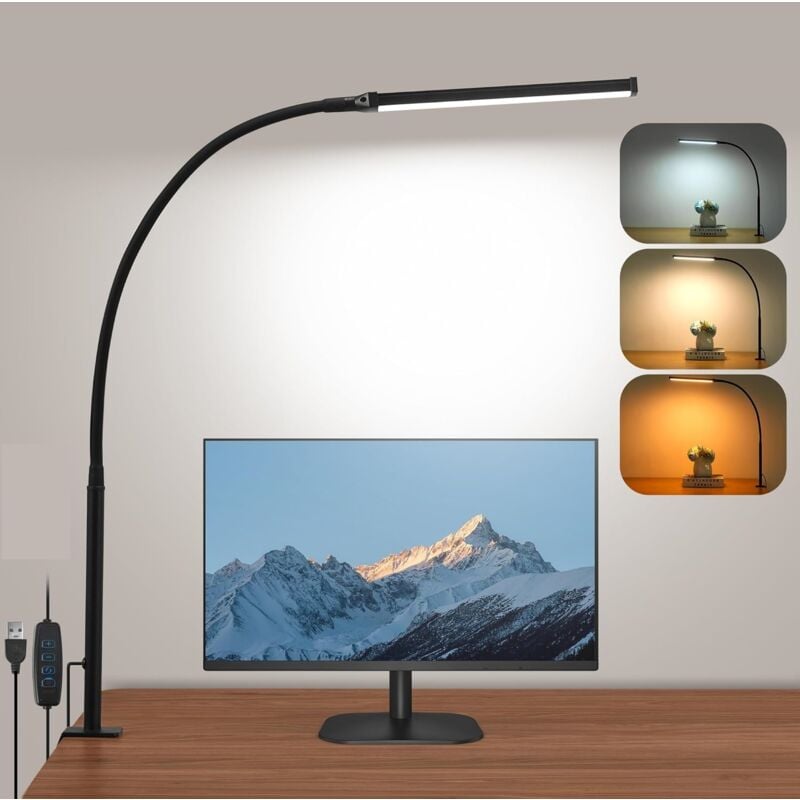 XVX - Lampe de Bureau led, 3 Modes de Couleur 10 Niveaux de Luminosité lampe bureau avec Pince, 360 ° réglable col de cygne flexible lampe de table,