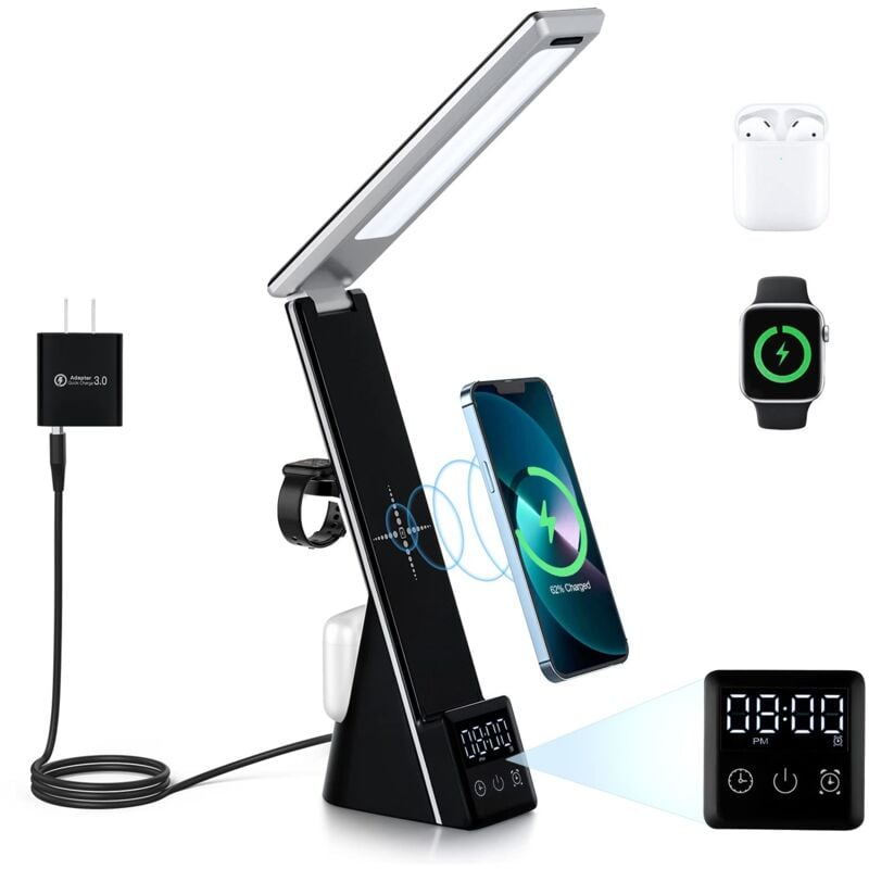 Lampe de bureau led 4 en 1, 3 modes Lumière réglable, Affichage numérique, Horloge, Charge rapide qi Sans fil, Chargement du téléphone, Casque,