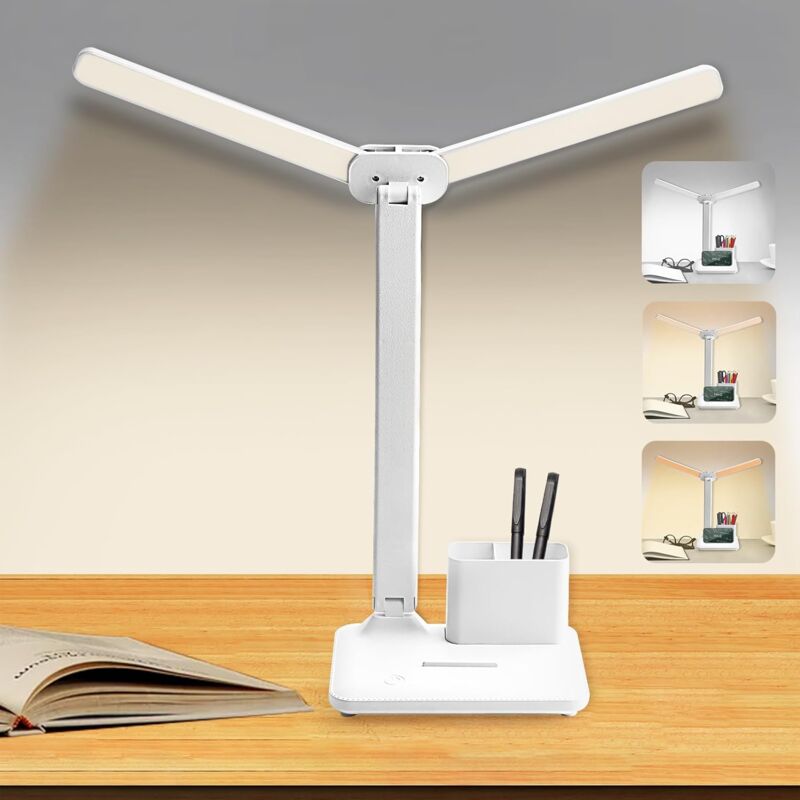 Lampe de bureau LED à double tête, 3 modes de luminosité réglables, lampe d'étude 40 LED avec port de charge USB, blanche, lampe de bureau agréable