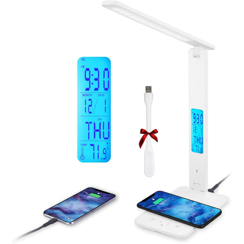 Magicfox - Lampe de bureau led avec Charge sans fil, Lampe de table Réglable Contrôle tactile, Charge usb - 3 modes d'éclairage - Affichage lcd