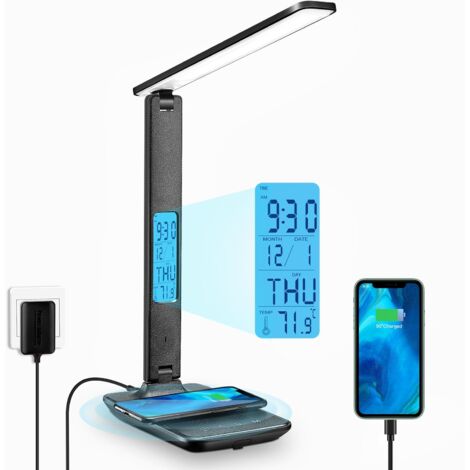Lampe de Bureau LED avec Chargeur Sans Fil et USB,Lampe de Bureau Réglable Flexible Contrôle Tactile,Affichage LCD Avec Fonctions heure, alarme et température(A-Noir)