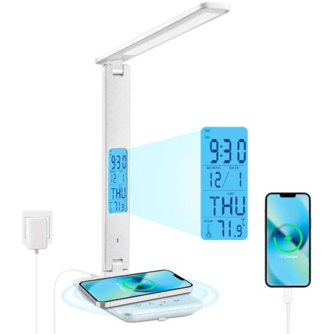 Lampe de Bureau LED avec Chargeur Sans Fil et USB,Lampe de Bureau Réglable Flexible Contrôle Tactile,Affichage LCD Avec Fonctions heure, alarme et température(blanc)