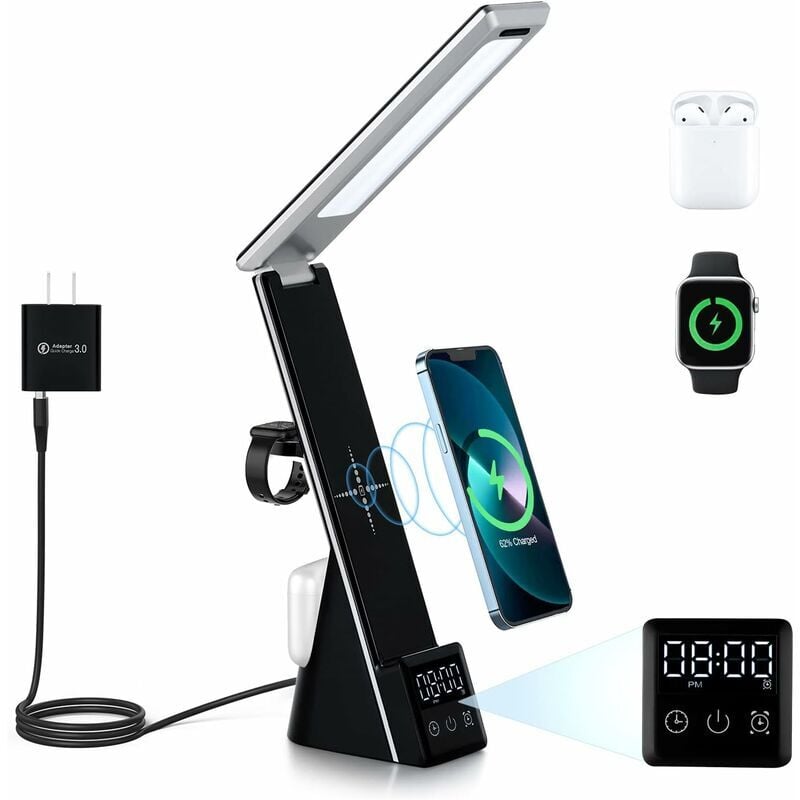 Linghhang - Lampe de bureau led avec chargeur sans fil Station de charge rapide 3-en-1, lampe de bureau à commande tactile avec minuterie