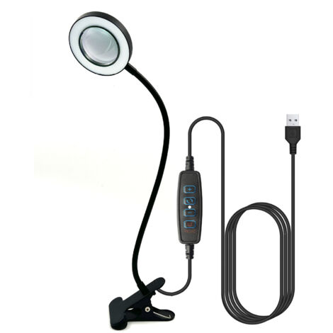 Lampe de bureau LED avec loupe, lampe à pince avec chargeur USB, lampe de lecture à pince flexible à 360°