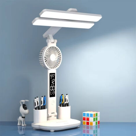 Lampe de bureau LED avec porte-stylo et ventilateur, lampe de table multifonctionnelle à deux lampes, veilleuse pliable, lampe d'étude à brancher