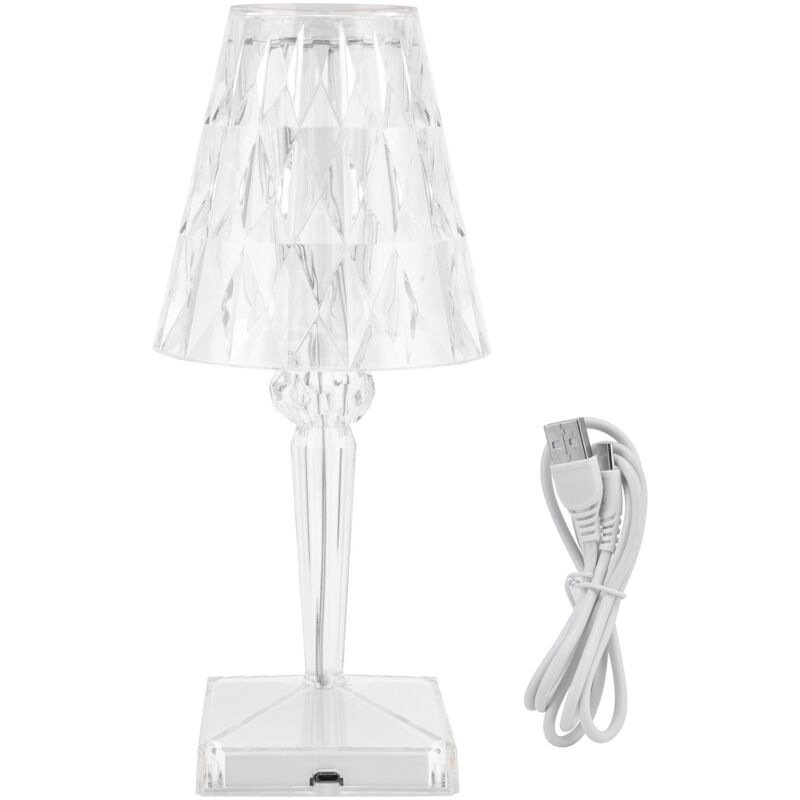 Lampe de Bureau LED Cristal Prismatique Transparente, Dimmable avec Charge USB, Décoration de Chevet