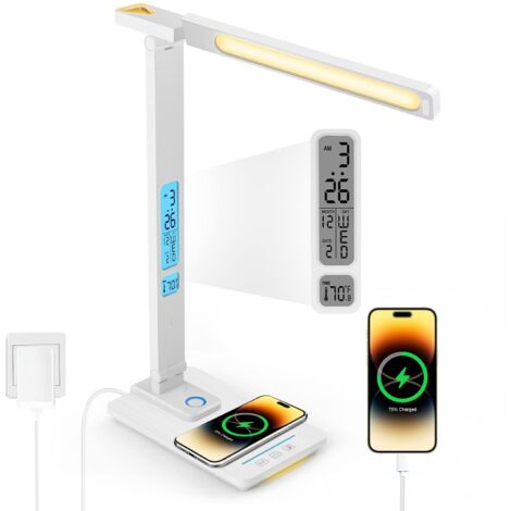 Lampe De Bureau Led Dimmable Avec Fonction - De Charge Horloge Lampe De Table Veilleuse Avec Chargeur Sans Fil 10W, Port De Charge Usb Lampe De Bureau Pliable